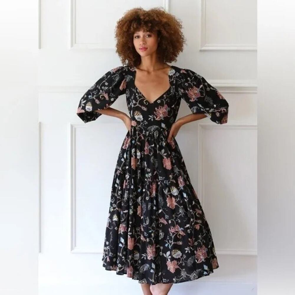 Mille Ellinor St Germain Black Floral Cotton Midi Dress NWT XXS